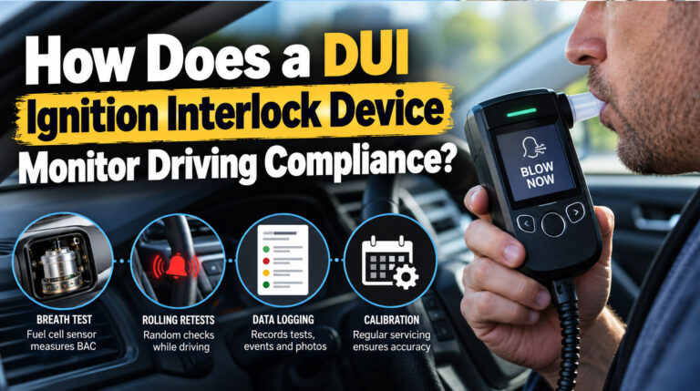 How does a DUI ignition interlock device monitor driving compliance?